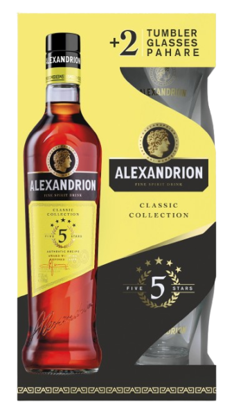 Міцний алкогольний напій Alexandrion 5* 0,7л 37,5% у коробці + 2 склянки